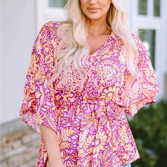 Boho Floral Print Belted Surplice Blouse Bohemian Top - Picture 5 of 15
